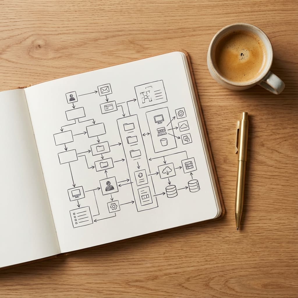 A clean systems architecture diagram on a desk